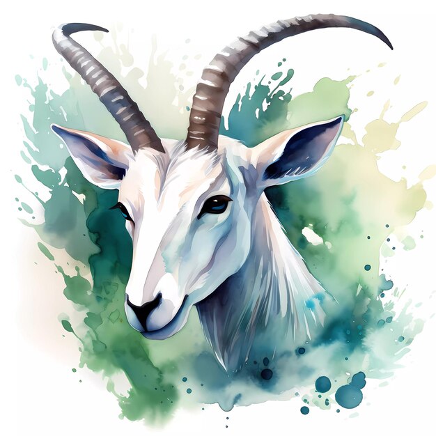 A white goat with horns is shown on a white background.