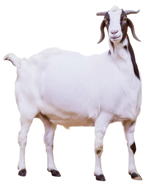 White goat with horns on its head is shown