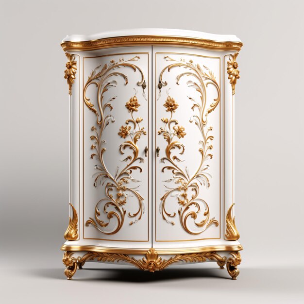 a white and gold cabinet