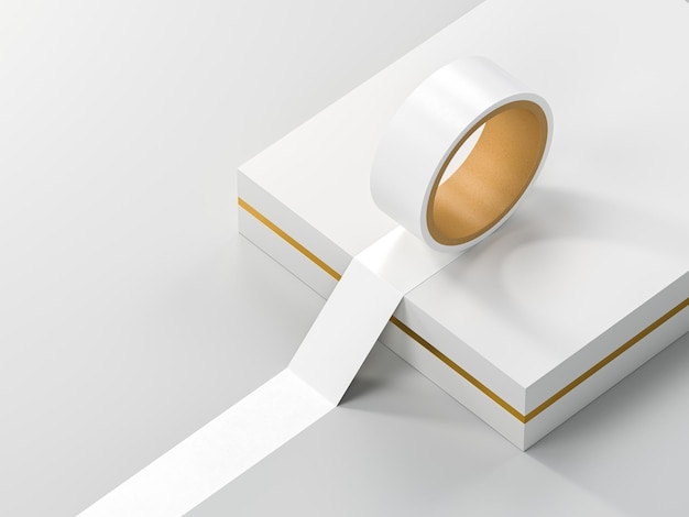 Scatola di cartone bianca e oro e un rotolo bianco vista dall'alto rendering 3d simulato