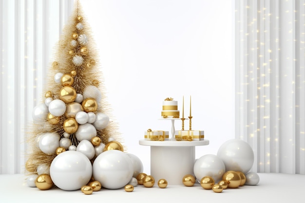 Белый и золотой рождественский фон Праздничные украшения стеклянные шары упакованные в подарочные коробки и еловые ветви Рождественские обои Традиционный шаблон поздравительной карточки