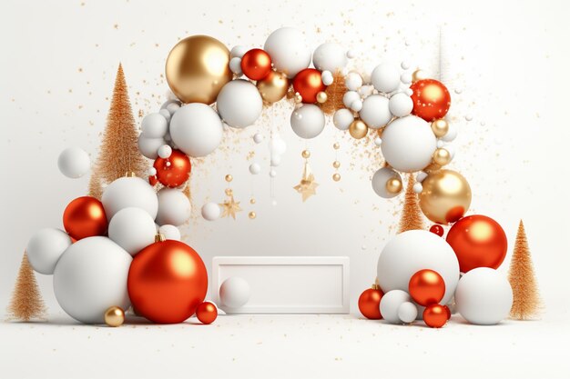 クリスマスの背景: 白と金のクリスマスの背景 祭りの装飾 ガラスのボール 包装されたギフトボックス 杉の枝 クリスマスの壁紙 伝統的な休日のグリーティングカードのテンプレート
