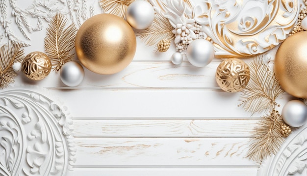 A white and gold christmas background with gold ornaments and a white ribbon.