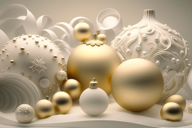 a white and gold christmas scene with gold balls in the style of layered translucency