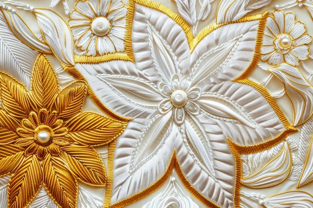 Белая и золотая вышивка Текстура Фон Абстрактный вышитый рисунок Копирование пространства