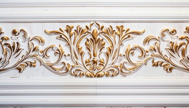 A white and gold fireplace with gold leaf design.