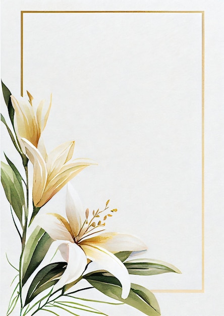 Foto bordo floreale bianco e oro con cornice dorata e giglio bianco sul fondo.