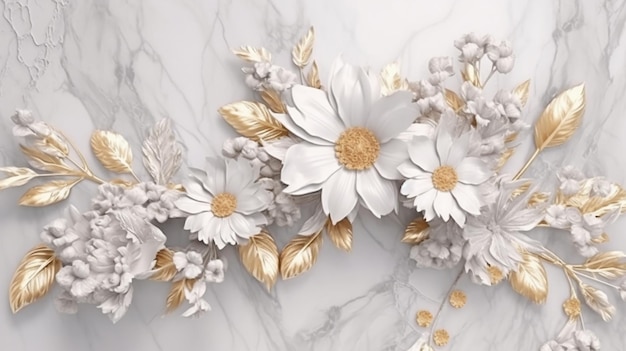 Цветы и листья из белого золота на мраморной тарелке Роскошный абстрактный фон для эксклюзивных помещений свадебная открытка празднование приглашение презентация мода косметика дизайн драгоценностей Генеративный AI