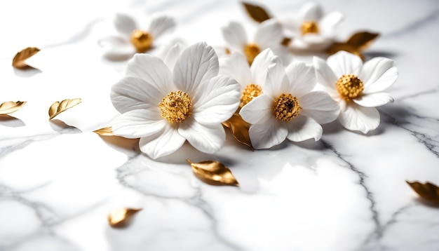 White gold flowers and leaves on white marble background