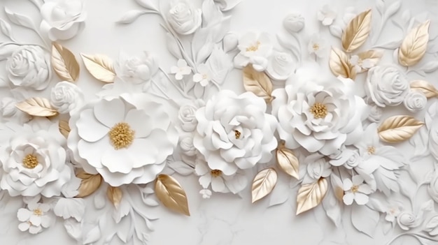 White gold flowers and leaves on white marble texture Generative AI