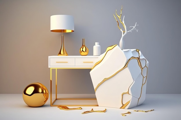 Бело-золотой консольный стол в стиле кинцуги с потрескавшимися линиями AI