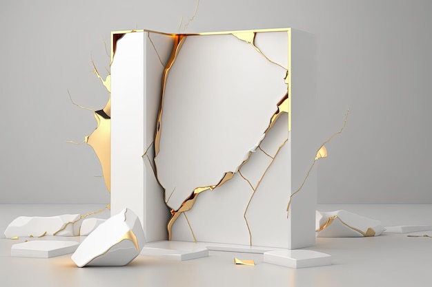 White and gold kintsugi style product display with cracked lines AI