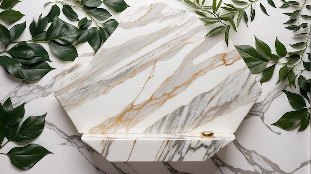 a white and gold marble box with a leafy green plant