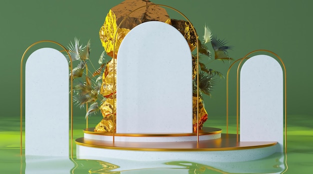 제품을 위한 녹색 배경 받침대의 화이트 골드 및 대리석 실린더 포두임은 황금빛 돌과 열대 야자수 잎 3D 렌더가 있는 자연의 아름다움 포두임 배경을 표시합니다.