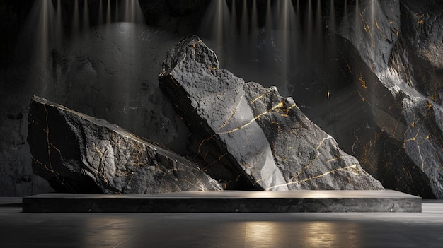 A white and gold of a nature marble platform surrounded by rocks with dramatic lighting