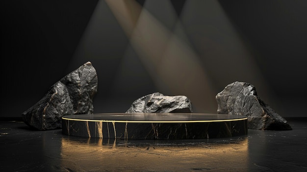 A white and gold of a nature marble platform surrounded by rocks with dramatic lighting