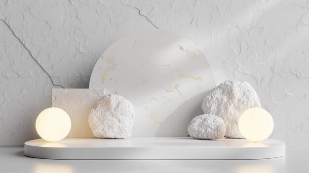 A white and gold of a nature marble platform surrounded by rocks with dramatic lighting