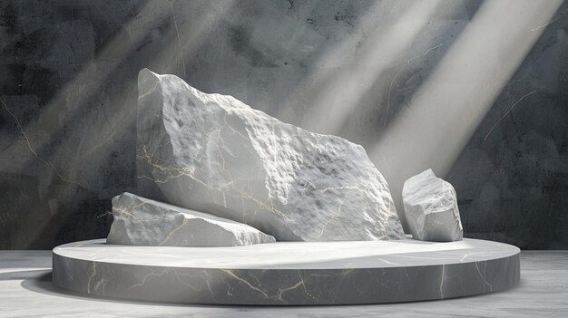 A white and gold of a nature marble platform surrounded by rocks with dramatic lighting