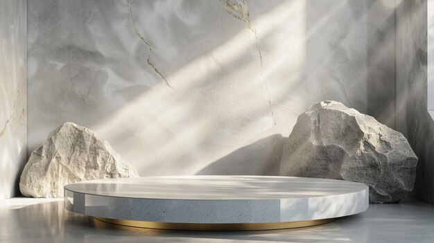 A white and gold of a nature marble platform surrounded by rocks with dramatic lighting