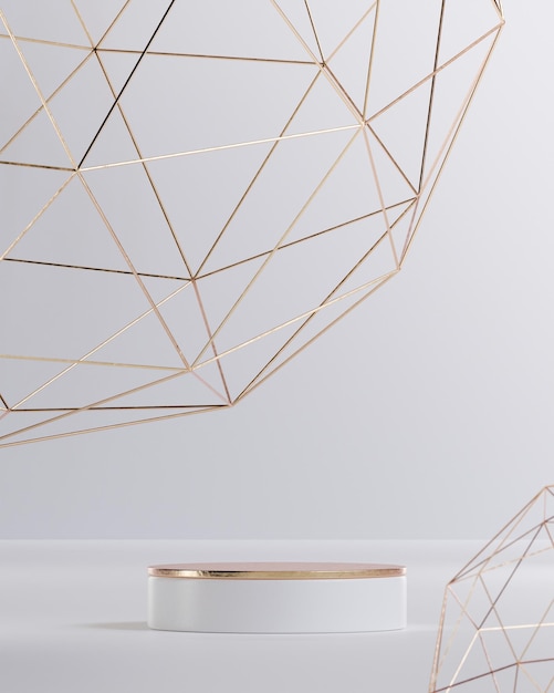 Podio bianco e oro su sfondo geometrico moderno per il rendering 3d del posizionamento del prodotto