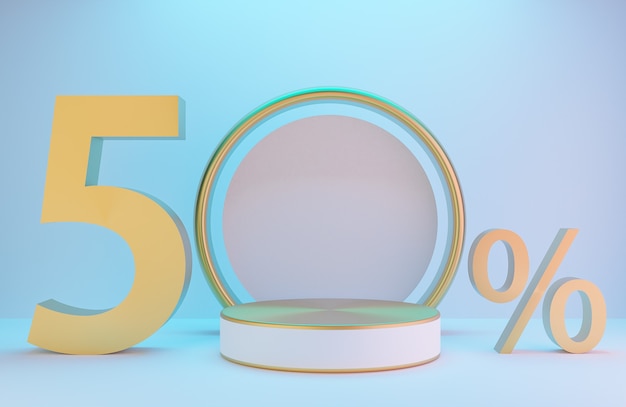 White and gold podium and text 50% for product presentation and
golden arch on white wall with lighting background luxury style.,3d
model and illustration.