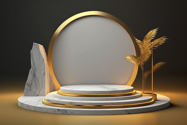 A white and gold podium with a gold rim and a palm tree on the left.