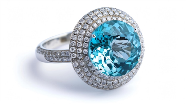 Photo white gold ring with large aquamarine and diamond