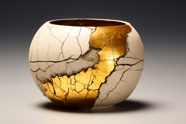 Photo white and gold vase with crack in its side generative ai