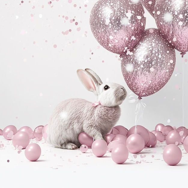 White and golden balls and a rabbit in white space generative AI technology