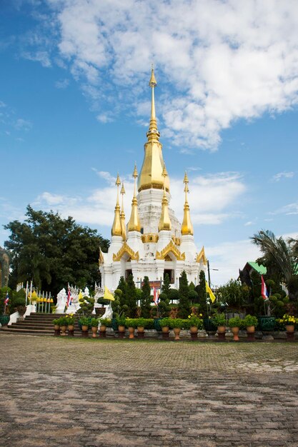 Wat Tham Khuha Sawan Temple Amphoe Khong Chiam Ubon Ratchathani Thailand의 흰색과 황금색 체디는 사람들이 기도하는 부처상을 방문하고 존경합니다.