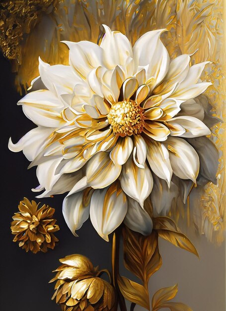 White and golden Dahlias flowers art painting Elegant golden and white Flowers painting