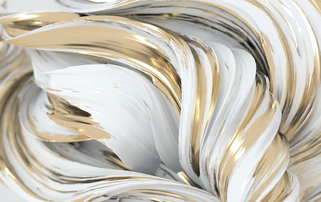 White and golden dynamic abstract twisted shape 3d render vawe spiral