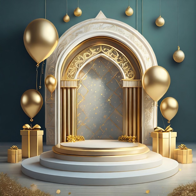 White and golden luxury stage design with gifts and balloons for a celebration