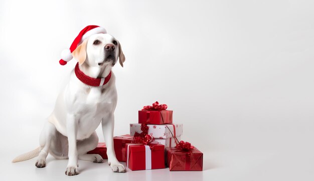 サンタクロースのクリスマスの赤い帽子を着た白いゴールデンレトリバー犬が白いギフトボックスの近くに座っています