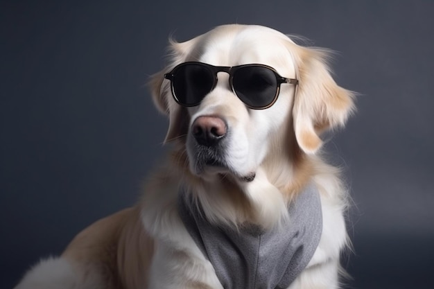 White golden retriever posing in studio with street clothes and glasses musical artist look