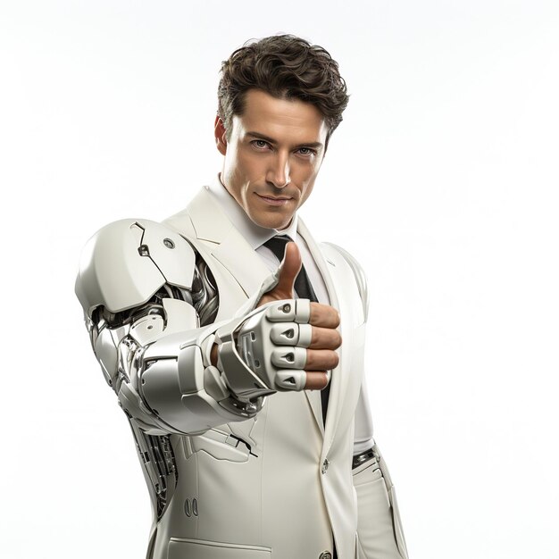 Photo white and golden roboic human showing thumbs up on white background