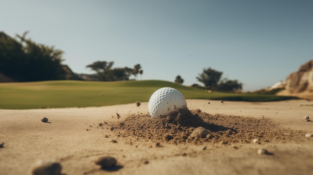 White golf ball in golden sand explosion on bunker background of golf course