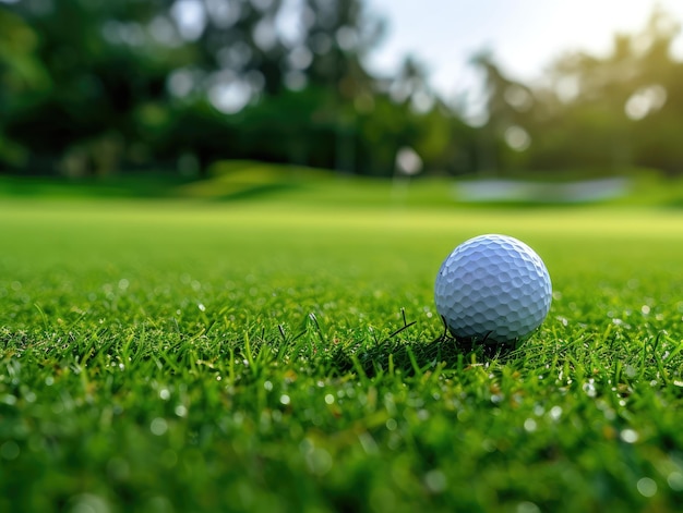 white golf ball on golf pin green grass near hole with golf course background