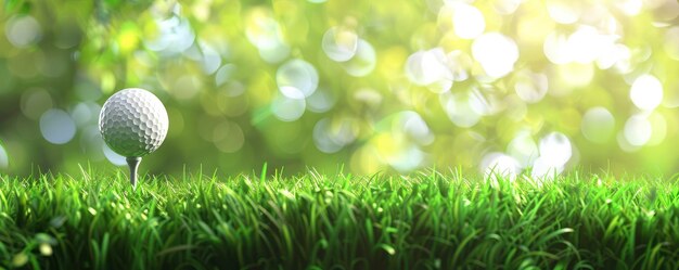 Photo a white golf ball on the grassy green field with sunlight and blurred background