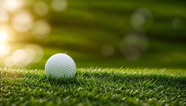 White golf ball on a green field blurred background with copy space