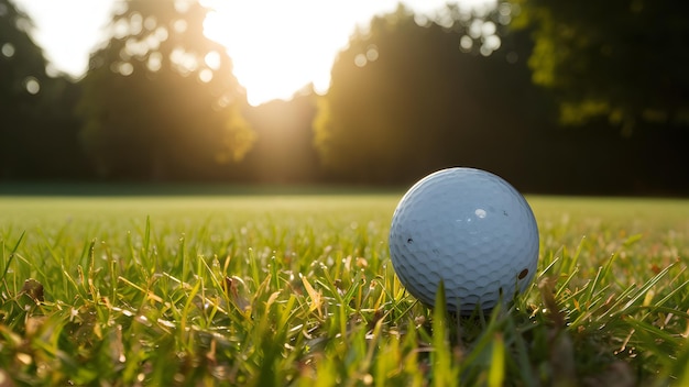 The white golf ball lies on the lawn at sunset the ultimate victory of golf