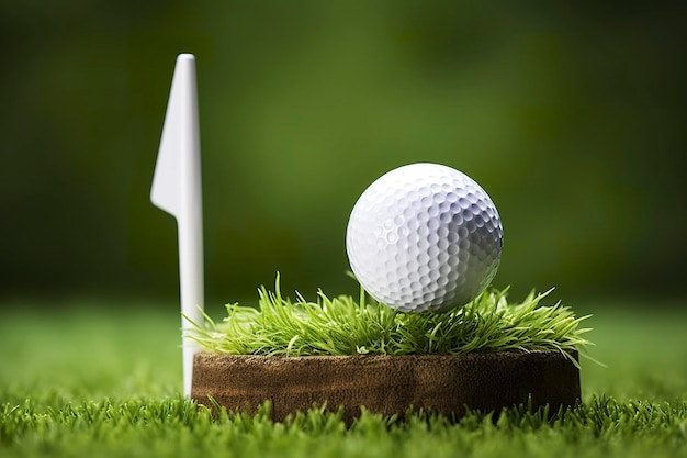 Белый мяч для гольфа на деревянной мишени с травой