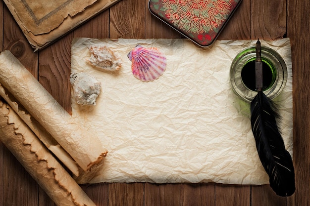 White goose feather and inkwell scroll on the background table