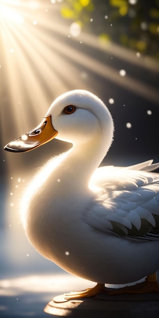 A white goose with the sun shining on it