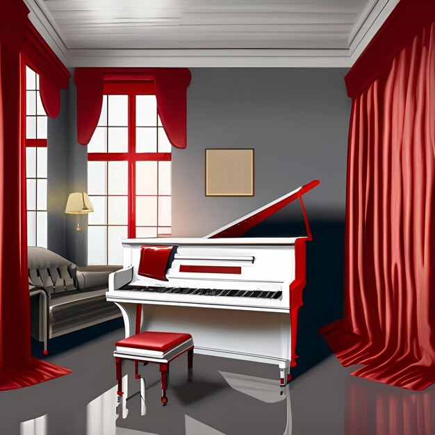 white gran piano in a red elegant room