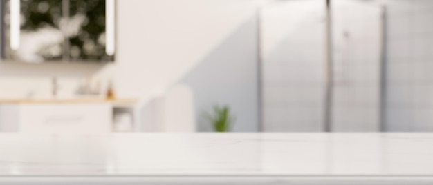 White granite bathroom tabletop with empty space against blurred modern minimal bright bathroom