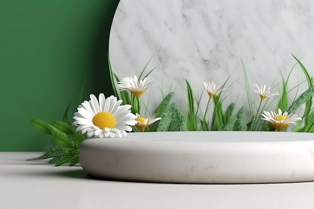 White granite and green podium in portrait with daisy flower and round wall 3d render empty scene