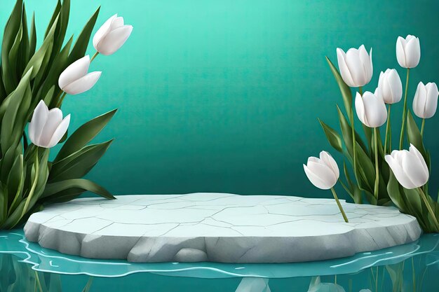 White granite stone podium with tulips on blue background