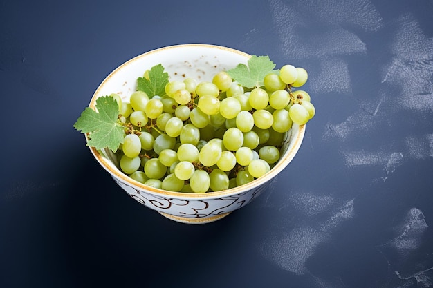 White grapes in a bowl on a dark blue marble background