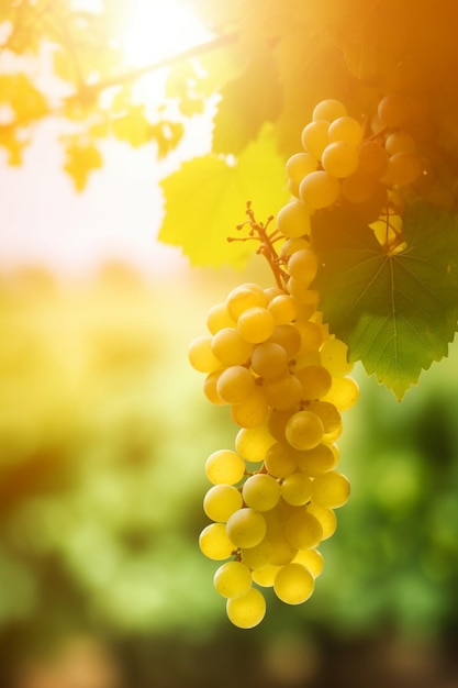 White grapes hanging on a vine with the sun shining on them